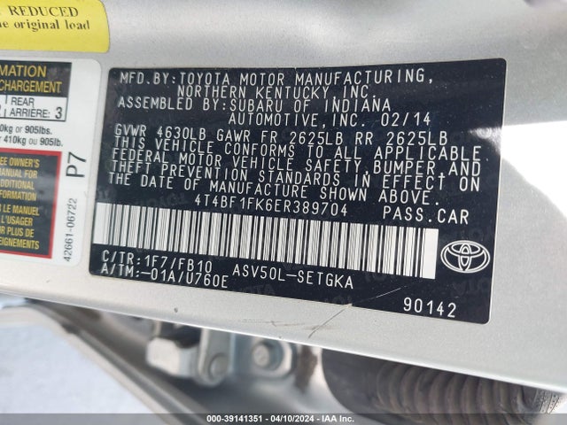 Toyota CAMRY XLE 2014 4T4BF1FK6ER389704 Image 9