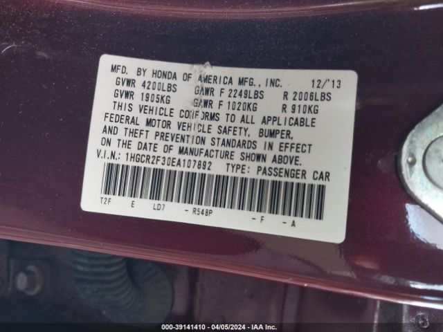 1HGCR2F30EA107892 Honda ACCORD LX