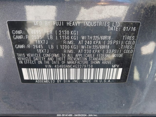 Subaru Outback 2.5i Limited 2016 4S4BSANC4G3279758 Image 9