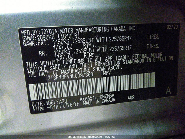 Toyota Rav4 Xle 2020 2T3P1RFV1LC097360 Image 9