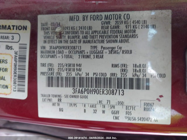 Ford FUSION SE 2014 3FA6P0H90ER308713 Image 9