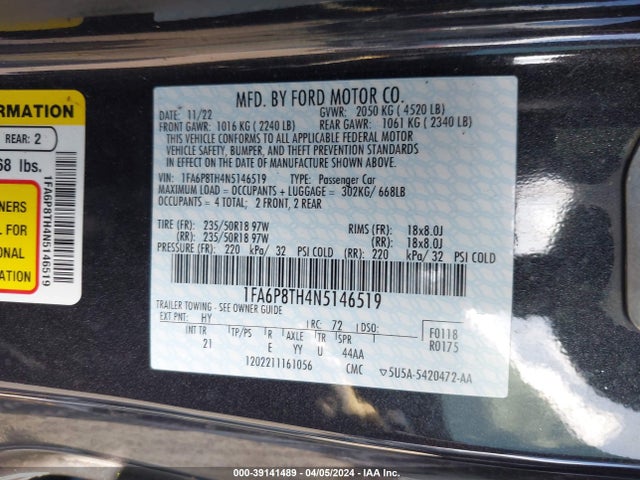 2022 FORD MUSTANG 1FA6P8TH4N5146519 Photo 8