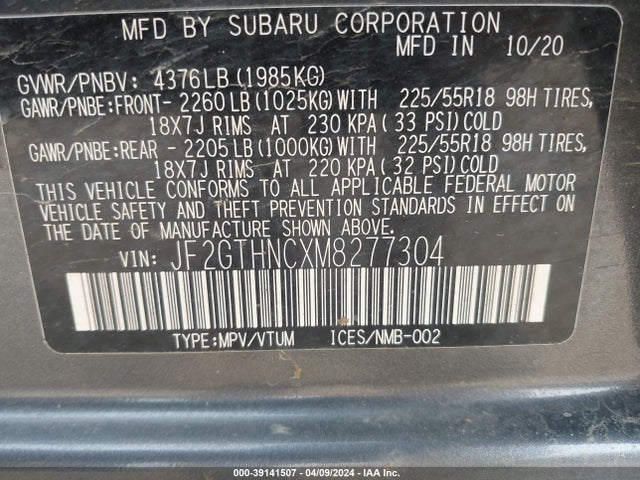 Subaru Crosstrek Limited 2021 JF2GTHNCXM8277304 Image 9