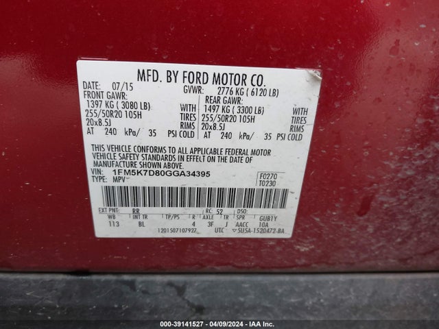 Ford EXPLORER XLT 2016 1FM5K7D80GGA34395 Image 9
