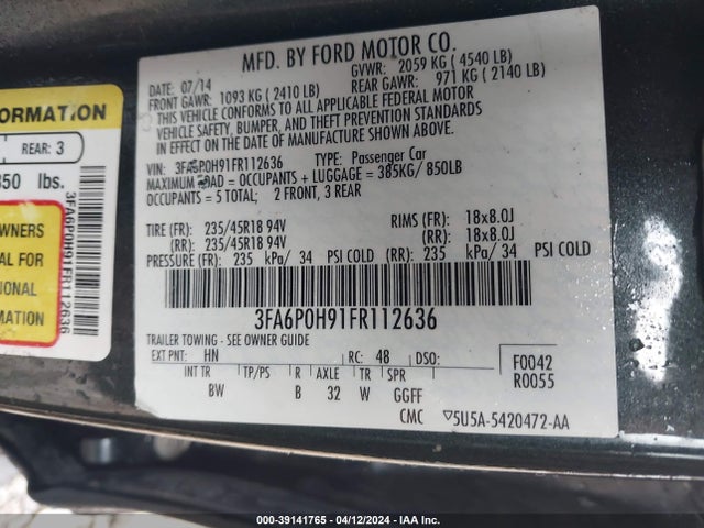Ford FUSION SE 2015 3FA6P0H91FR112636 Image 9