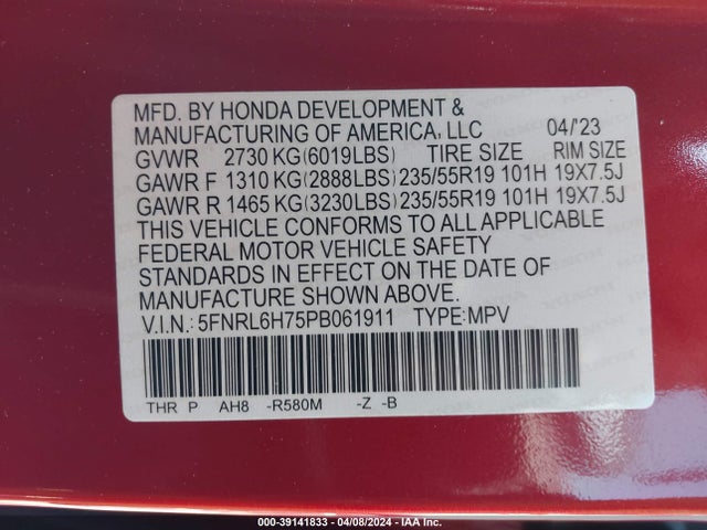 Honda Odyssey Sport 2023 5FNRL6H75PB061911 Image 9