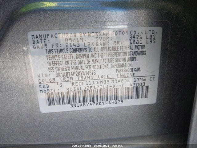 Nissan SENTRA SV 2019 3N1AB7AP2KY414878 Image 9