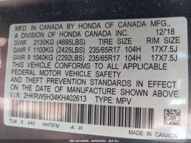 2HKRW5H34KH402613 Honda CR-V LX