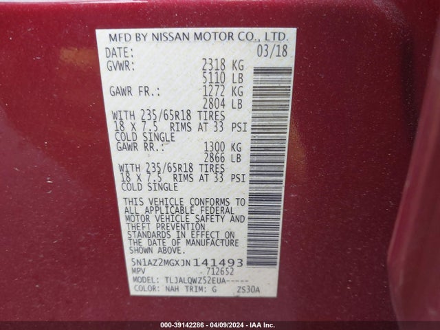 Nissan MURANO SV 2018 5N1AZ2MGXJN141493 Image 9