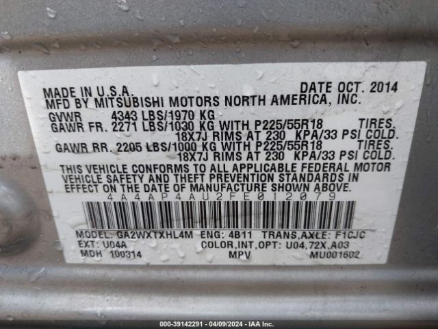 4A4AP4AU2FE012079 Mitsubishi Outlander Sport Se