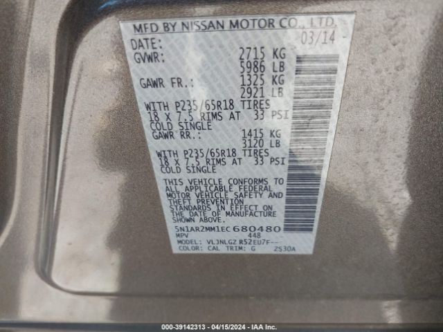 5N1AR2MM1EC680480 Nissan Pathfinder Sl