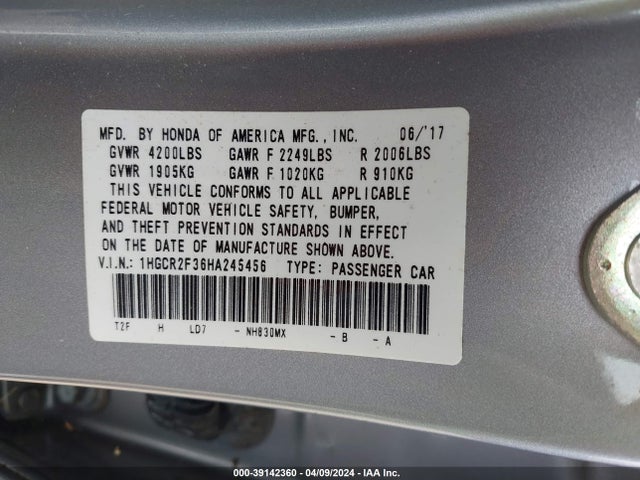 Honda ACCORD LX 2017 1HGCR2F36HA245456 Image 9
