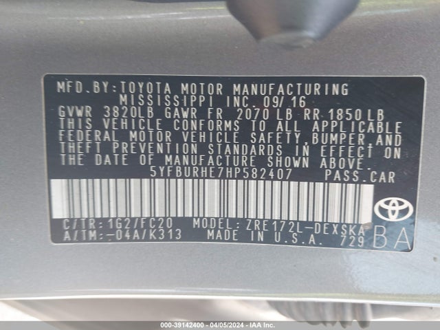 Toyota COROLLA SE 2017 5YFBURHE7HP582407 Image 9