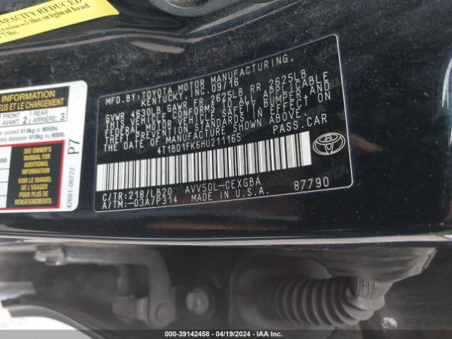 4T1BD1FK6HU211165 Toyota Camry Hybrid Xle