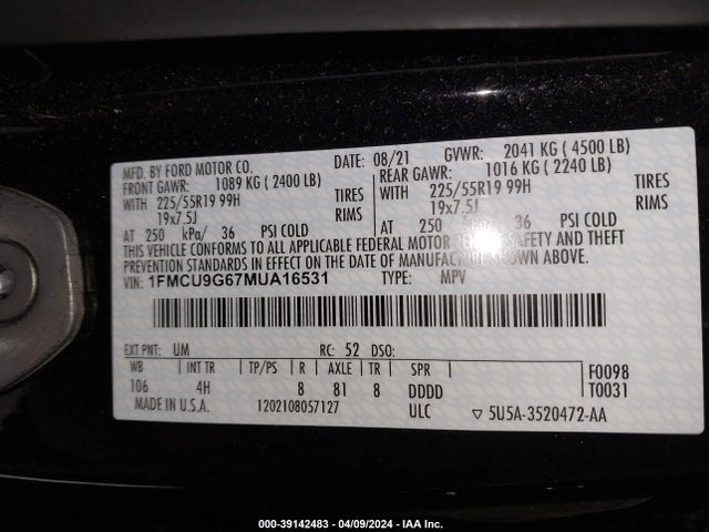 Ford ESCAPE SE 2021 1FMCU9G67MUA16531 Image 9