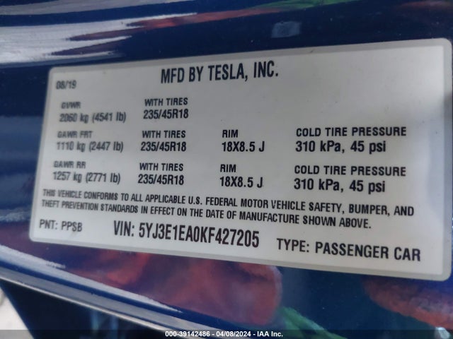 Tesla Model 3 Long Range/mid Range/standard Range/standard Range Plus 2019 5YJ3E1EA0KF427205 Image 9