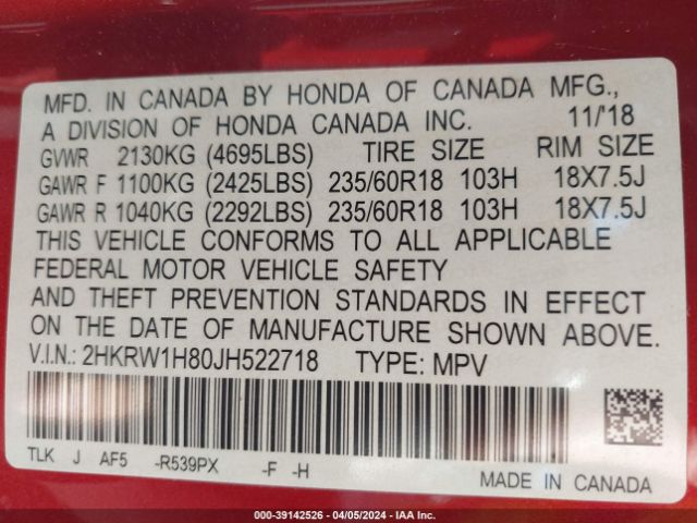2HKRW1H80JH522718 Honda Cr-v Ex-l/ex-l Navi