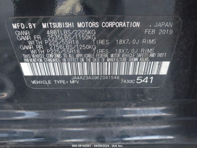 JA4AZ3A39KZ041546 Mitsubishi Outlander Se