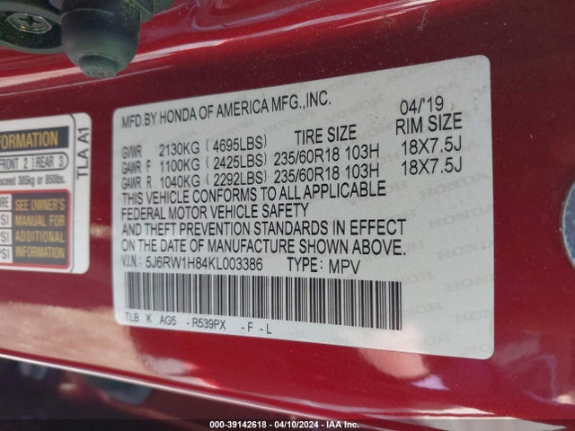 Honda Cr-v Ex-l 2019 5J6RW1H84KL003386 Image 9