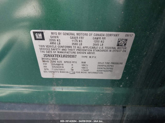 Chevrolet EQUINOX LT 2018 2GNAXTEX2J6200367 Image 9
