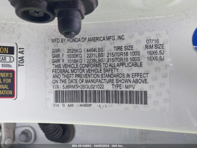 5J6RM3H35GL021022 Honda CR-V LX