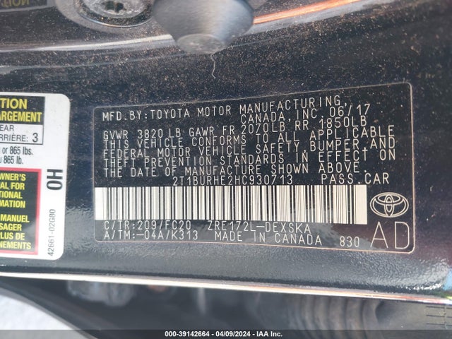 Toyota COROLLA SE 2017 2T1BURHE2HC930713 Image 9
