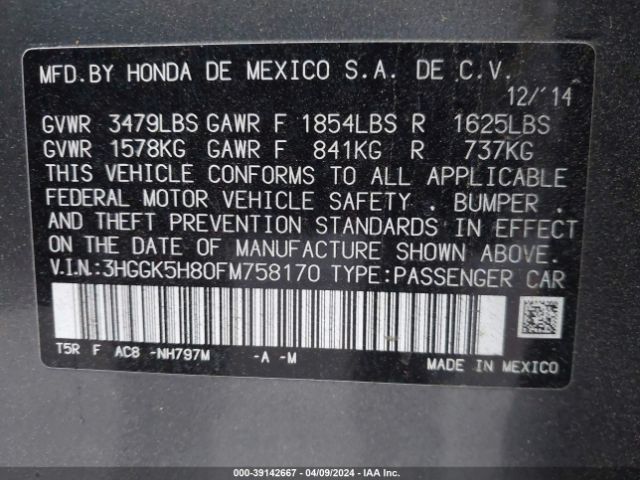 3HGGK5H80FM758170 Honda Fit Ex/ex-l