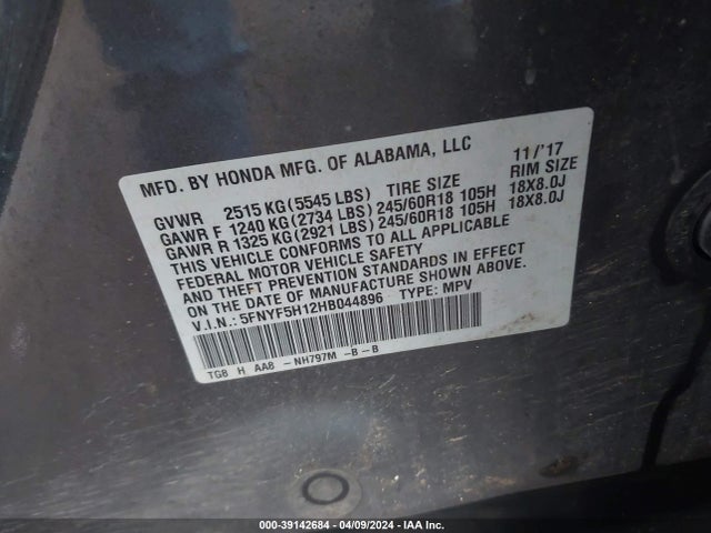 Honda PILOT LX 2017 5FNYF5H12HB044896 Image 9