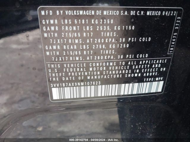 3VV1B7AX9NM107623 Volkswagen Tiguan 2.0t S