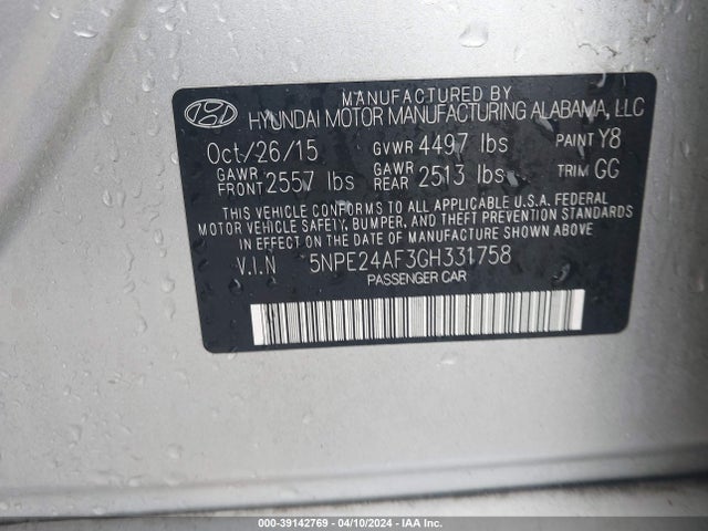 5NPE24AF3GH331758 Hyundai SONATA SE