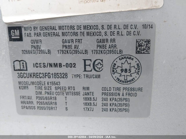 Chevrolet Silverado 1500 1lt/2lt 2015 3GCUKREC3FG185328 Image 9