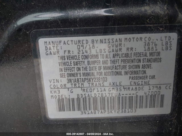 Nissan SENTRA SV 2019 3N1AB7AP5KY238103 Image 9