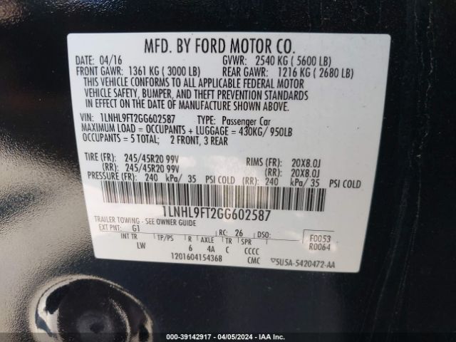 1LNHL9FT2GG602587 Lincoln Mks Ecoboost