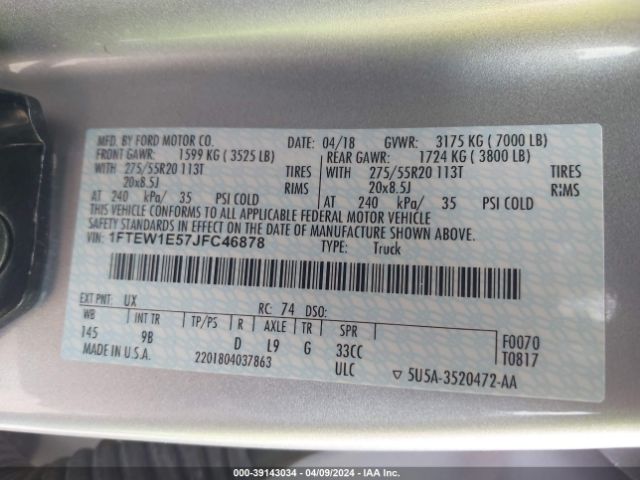 1FTEW1E57JFC46878 Ford F-150 Platinum
