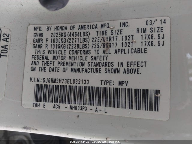 Honda Cr-v Ex-l 2014 5J6RM3H73EL032133 Image 9