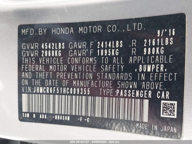 JHMCR6F51HC009355 Honda Accord Hybrid Ex-l