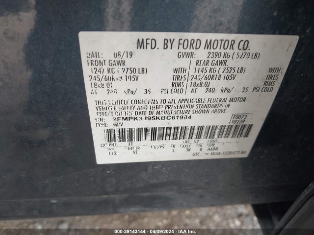 Ford EDGE SEL 2019 2FMPK3J95KBC61984 Image 9