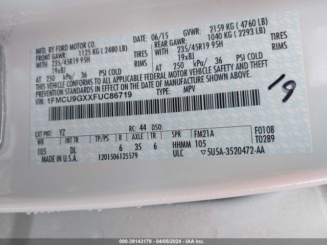 Ford ESCAPE SE 2015 1FMCU9GXXFUC86719 Image 9