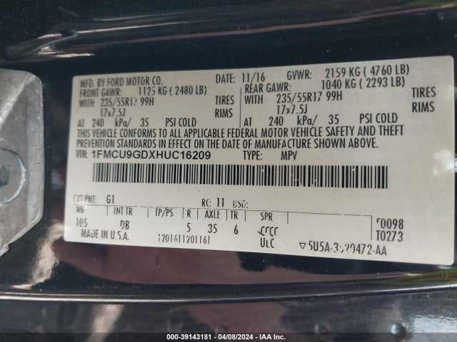 Ford ESCAPE SE 2017 1FMCU9GDXHUC16209 Image 9