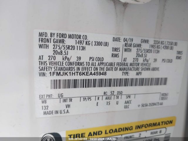 1FMJK1HT6KEA45948 Ford Expedition Max Xlt
