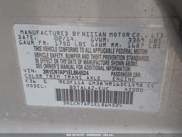Nissan Versa 1.6 S+ 2014 3N1CN7AP1EL864524 Image 9