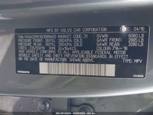 YV4A22PKXG1089403 Volvo Xc90 T6 Momentum