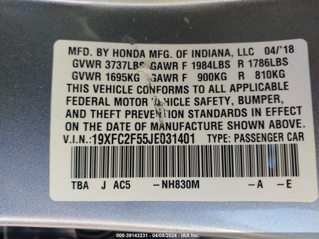Honda Civic Lx 2018 19XFC2F55JE031401 Image 9