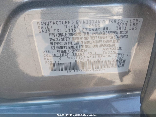 Nissan SENTRA S 2017 3N1AB7AP5HY316274 Image 9