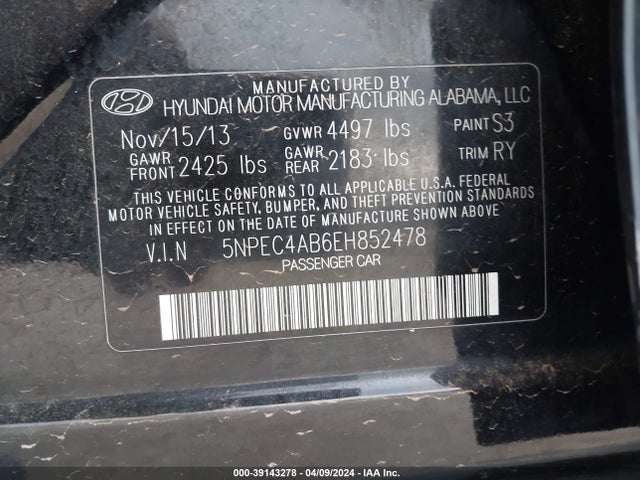 Hyundai Sonata Se 2.0t 2014 5NPEC4AB6EH852478 Image 9
