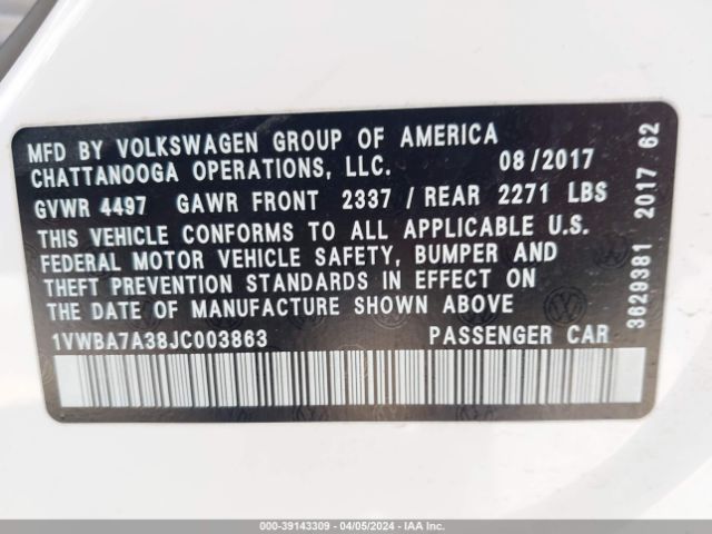 1VWBA7A38JC003863 Volkswagen Passat 2.0t Se