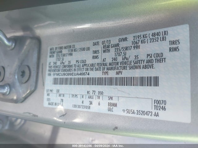 Ford ESCAPE SE 2014 1FMCU9G99EUA46674 Image 9