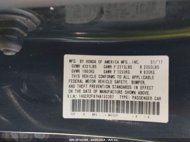 1HGCR2F87HA150397 Honda Accord Ex-l