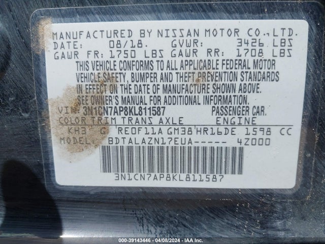 Nissan Versa 1.6 S+ 2019 3N1CN7AP8KL811587 Image 9