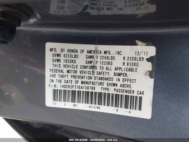 Honda ACCORD LX 2014 1HGCR2F31EA108789 Image 9